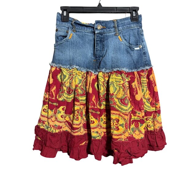 Mix Nouveau Boho Floral Print Ruffle Hem Frayed Jean Skirt Womens Small Red Blue - Picture 2 of 9